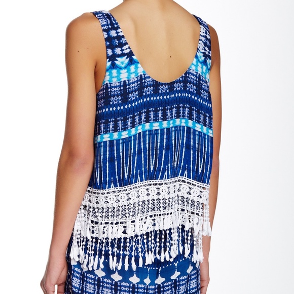 GREEN DRAGON Lace Fringed Layered Tank Print Top Crochet BOHO NEW NWT Blue 🎉HP - Picture 3 of 3